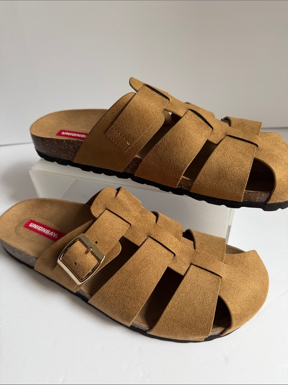UNIONBAY Ladies  Tan Suede Slide Sandals with Gold Buckle 8.5 NWT